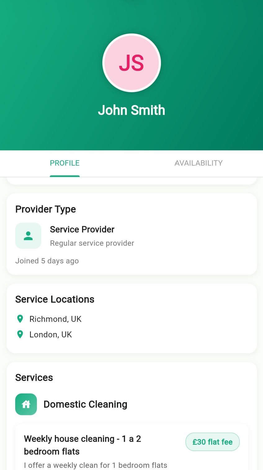 Cleaneruti mobile app interface showing local cleaner listings in London